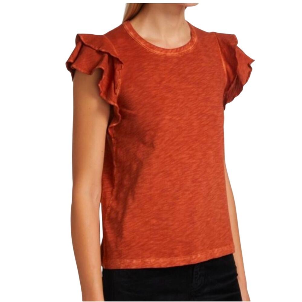 Veronica Beard Akeela Ruffle T-Shirt Cotton Orange Red Medium